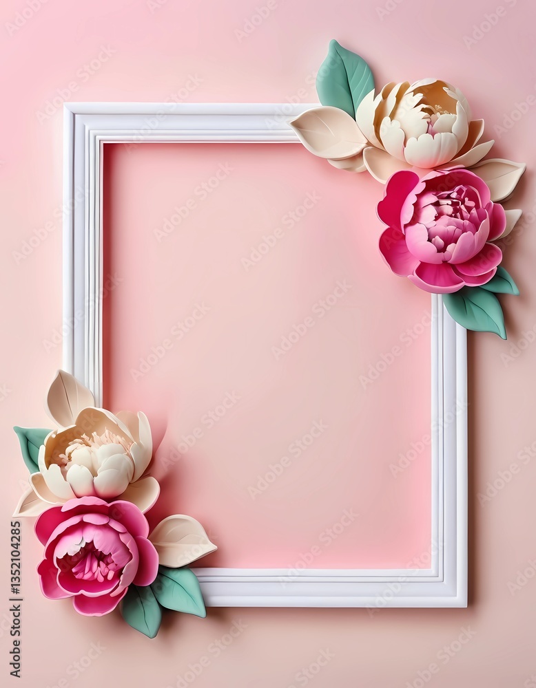 Poster a white frame elegantly showcases vibrant peonies in soft pink and beige hues, creating a serene and