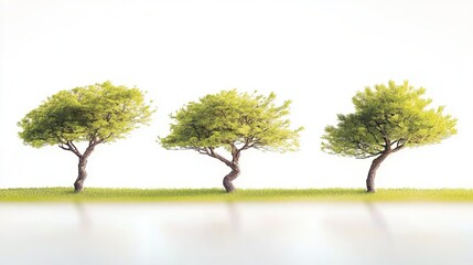Fototapeta premium Three lush green trees stand on grassy ground, reflected in a hazy water