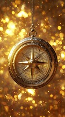 Golden antique compass suspended from a delicate metallic chain