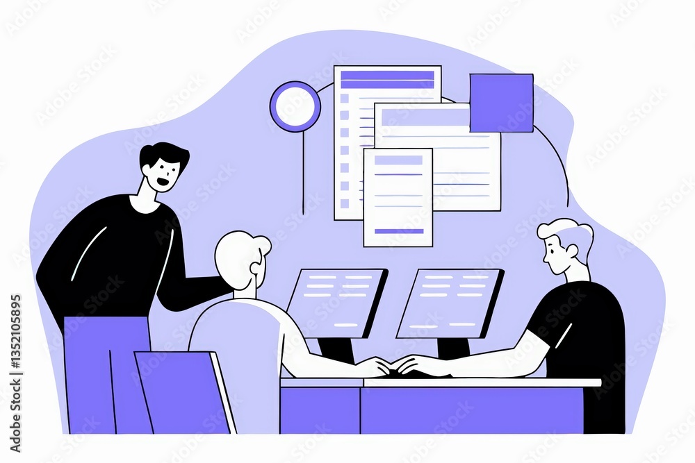 Poster two people collaborating at a desk with computers, engaging in discussion, while digital documents a