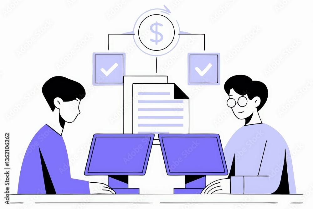 Poster two individuals work at computers, analyzing data related to finances, represented with checkmarks a