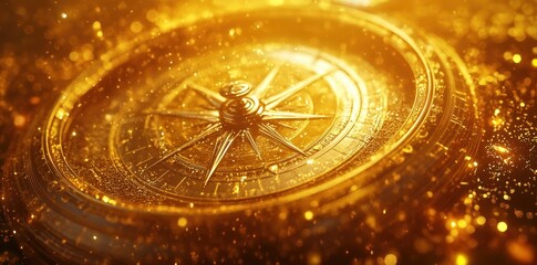 A golden compass depicts direction amidst bright shimmering particles