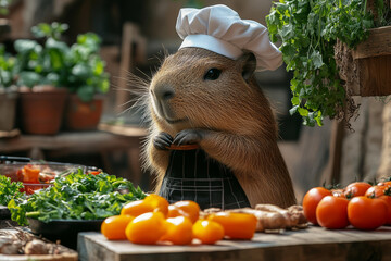 In a rustic kitchen, a capybara dons an apron and hat of chef, skillfully preparing fresh vegetables on wooden table