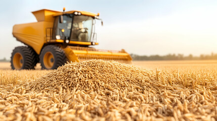 Obraz premium Harvester harvesting wheat in a golden field at sunset; agricultural industry imagery