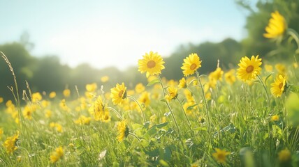 Obraz premium Sunlit Yellow Wildflower Field in Soft Focus