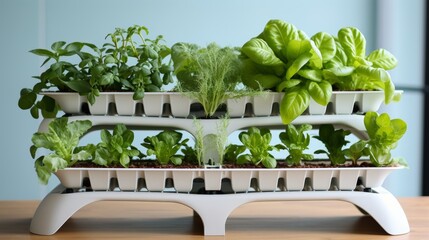 Minimalist hydroponic system showcasing plants with emphasis on contours against neutral background