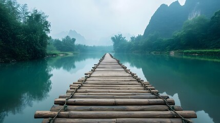 Naklejka premium A traditional wooden bridge stretching across a tranquil river in China