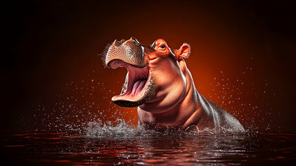 Hippopotamus yawning in dark water, splashing, nighttime African savanna background.  Perfect for wildlife documentaries