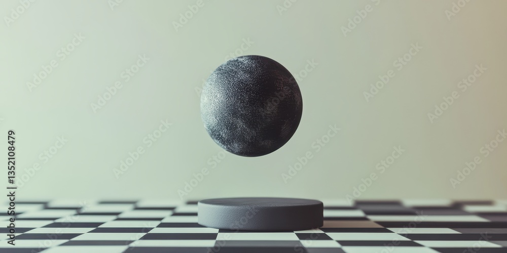 Poster a gray sphere floats above a simple platform in a creative image