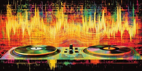 Two record players emitting sound waves with colorful vibrant energy