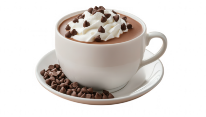 a warm cup of hot chocolate topped with whipped cream and chocolate chips served on a saucer with additional chocolate chips beside it perfect for cozy moments