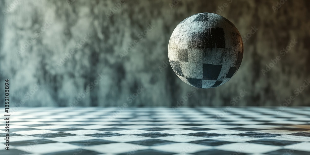 Poster a textured sphere floats in front of a checkered floor