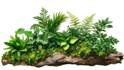 a lush arrangement of various green plants and ferns atop a textured log creating nature composition emphasizes the beauty of plant life and promotes a sense of tranquility