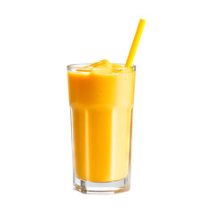 glass of fresh mango smoothie with straw isolated on transparent white background, clipping path