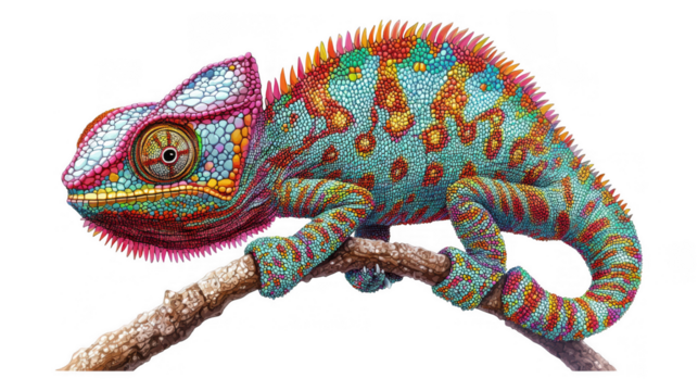 A vibrant chameleon lizard, a reptile of nature, uses its skin color to camouflage on a branch, its eye observing the world.