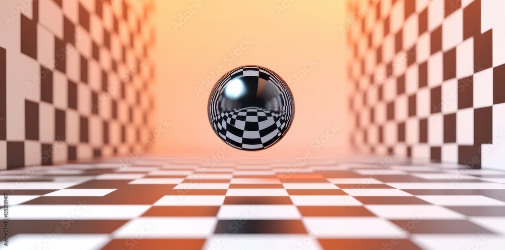 Poster a floating sphere reflects its checkered surroundings with a gradient