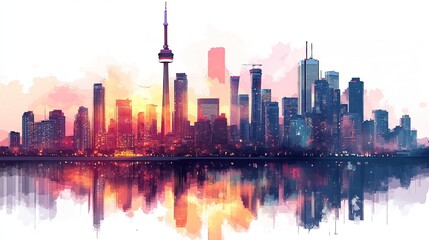 Fototapeta premium Toronto skyline transparent PNG featuring a recognizable Canadian cityscape for travel and architectural 