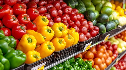 Colorful fresh produce display in a grocery store.