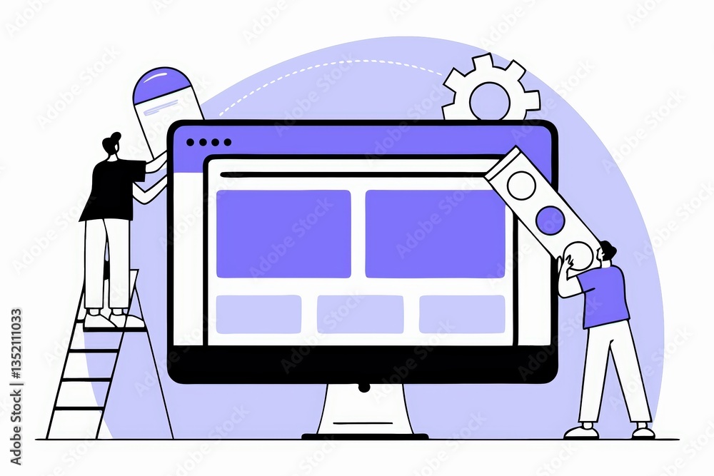 Poster two characters work on a computer screen, adjusting design elements. a gear symbol suggests a focus 