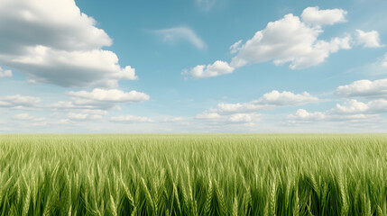 Lush green wheat field under a bright summer sky; idyllic rural landscape perfect for agriculture or nature themes