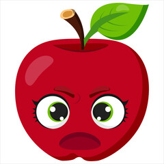 Angry red apple with big green eyes and furrowed brows. Fun and expressive fruit illustration, perfect for healthy food concepts, stickers, packaging, and educational materials