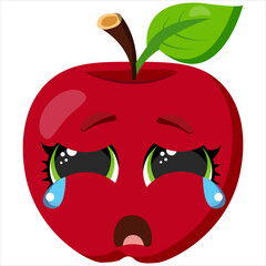 Crying red apple with big green eyes and a sad expression. A unique fruit illustration conveying emotion, great for food packaging, educational materials, emoticons, and expressive designs