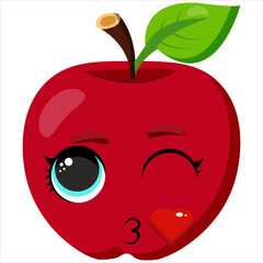 Cute red apple blowing a kiss with a wink and a heart. Charming fruit illustration perfect for stickers, packaging, advertising, greeting cards, and food-related creative designs