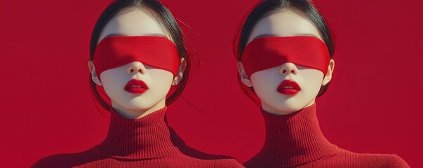 Twin women with red blindfolds and vibrant red aesthetic styling