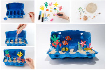 Step-by-step DIY underwater diorama craft using egg carton, paint, sand, paper decorations....