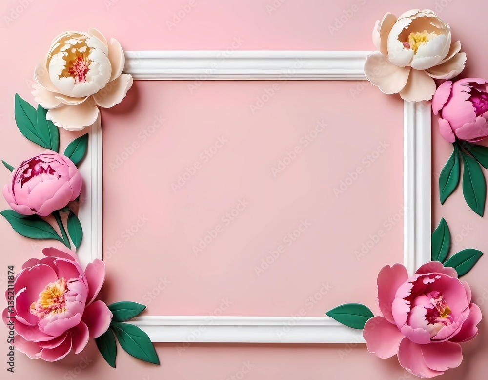 Poster a charming arrangement of vibrant peonies nestled in a white frame, creating an inviting canvas of g