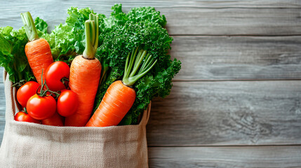Fresh vegetables in reusable cotton tote bag on gray wooden background