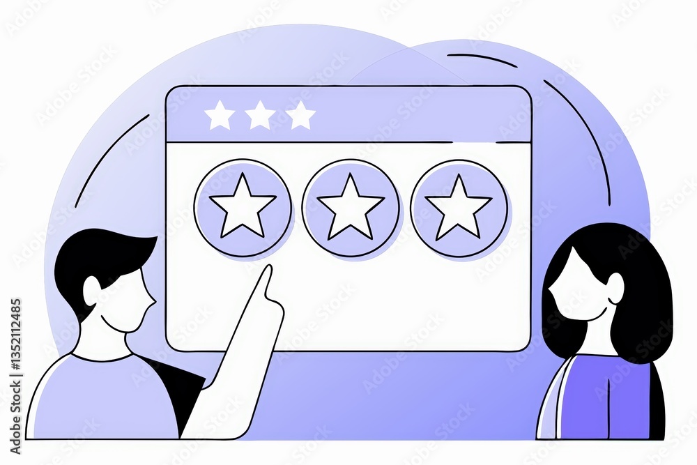 Poster a graphic illustration showing two individuals discussing a rating system, featuring three stars dis