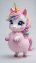 Naklejka premium Adorable Rainbow Mane Fluffy Unicorn 3D Render Cute Fantasy Creature