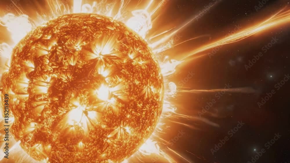 Poster detailed visualization of solar surface with explosive plasma eruptions, intense radiation streams e