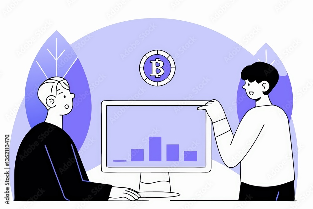 Poster two individuals discuss cryptocurrency trends using a computer displaying a chart, set against a min