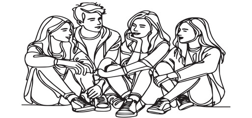 Group of young people sitting on ground together and talking vector