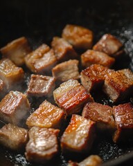 Home cooking, dessert making and Thai cooking, Brown Cubed Pork Frying in a Dark Pan