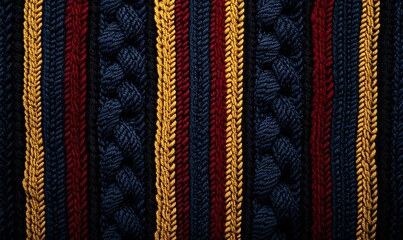 Close-up view of a knitted fabric texture stripes. Cozy wool yarn pattern perfect for backgrounds