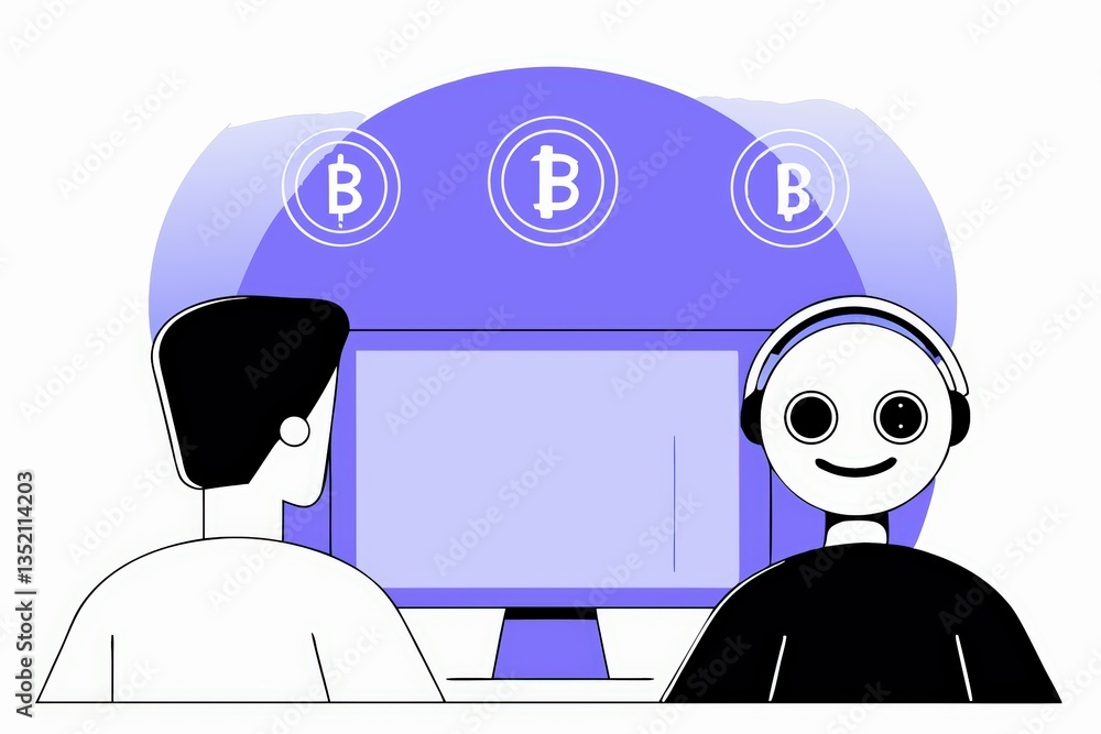Poster two characters interact with a computer displaying cryptocurrencies, highlighting the digital curren