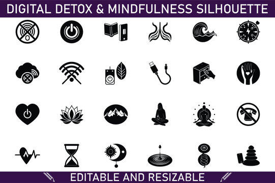 Digital Detox, Mindfulness, Yoga, Silhouette Icons, Editable, Resizable Vector Graphics