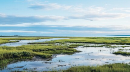 Fototapeta premium Tranquil lake landscape featuring marsh vegetation and a reflection of a gray cloudy sky