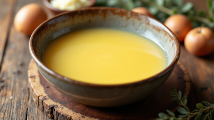 Bowl filled with melted butter on rustic wooden surface with herbs around.