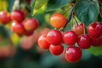 Obraz premium Cherry tree with ripe cherries features glistening red cherries with droplets, highlighting vibrancy. Concept of cherry tree with ripe cherries explores nature's beauty and freshness, berries abound.