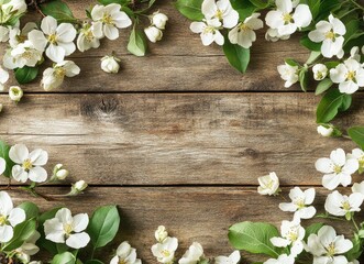 Blooming White Spring Flowers and Green Leaves on a Rustic Wood Background