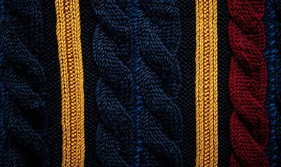 Close-up view of a knitted fabric texture stripes. Cozy wool yarn pattern perfect for backgrounds