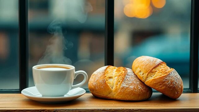 Cozy scene featuring a steaming cup of coffee and two crusty bread rolls on a wooden surface beside a softly lit window.