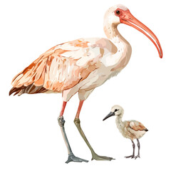 A watercolor vector painting of a mother ibis with her kid, isolated on a white background.

