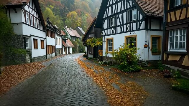 Picturesque cobblestone street lined with half-timbered houses, scattered autumn leaves, and a peaceful, storybook village atmosphere.