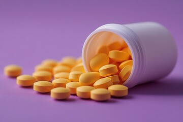 Spilled Yellow Pills on Purple Surface - Medical Concept for Health and Wellness