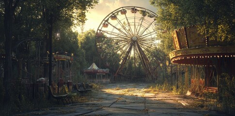An abandoned amusement park is overgrown with trees and foliage